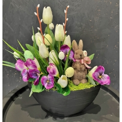 WIOSENNY Stroik kompozycja do domu z zajączkiem BRATKI KROKUSY TULIPANY